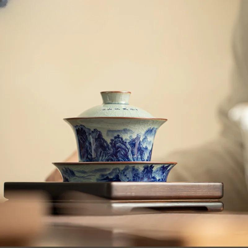 160ml Jingdezhen Blau-Weiß Deckelschale Zen Tausend Meilen Gaiwan Boutique Hufeisen Teekanne Teekocher Teegeschirr Handwerk