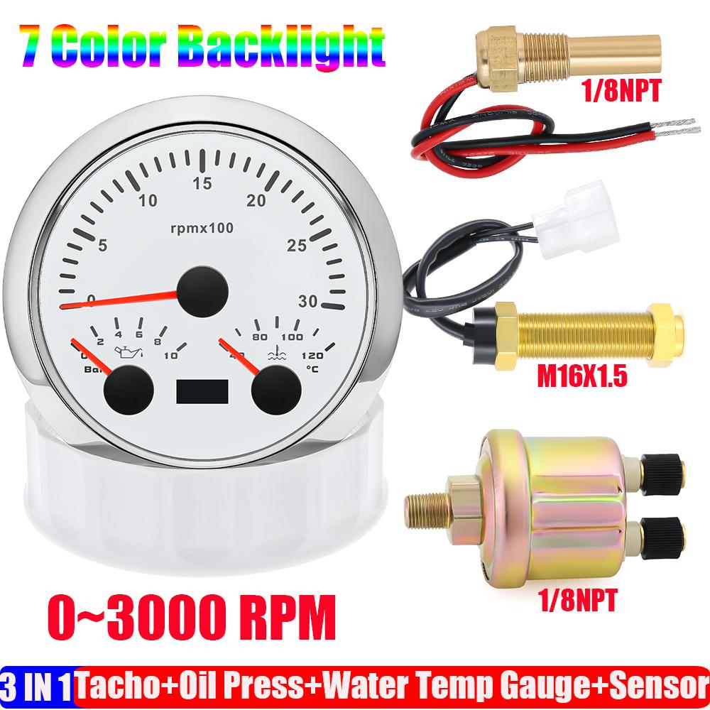 ZMFJH 3000~8000RPM 85MM Tachometer+Oil Pressure+Water Temp Gauge with Sensor 7 Color Light MultiMeter 0~10Bar for Car Boat 9-32V