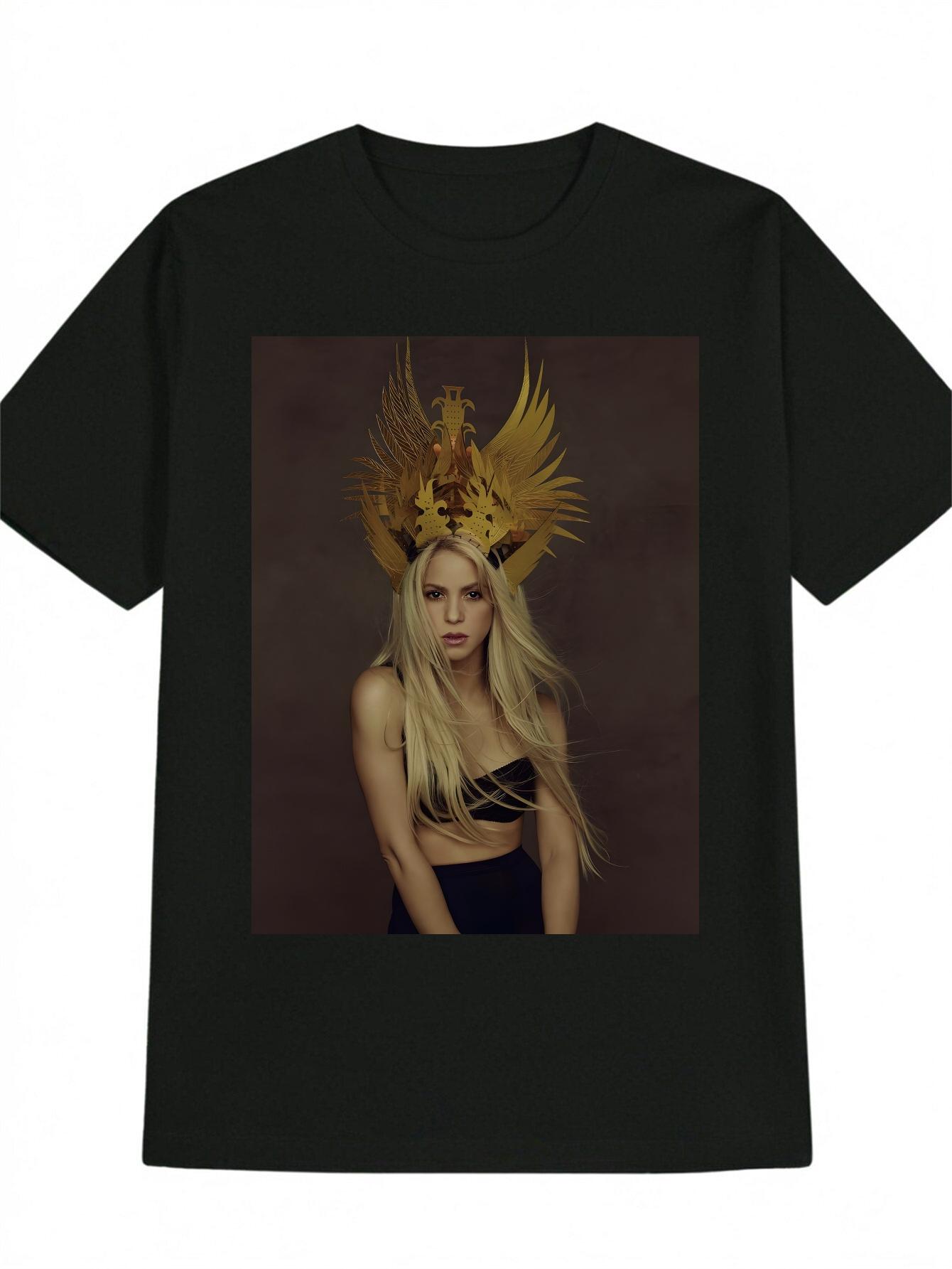 Casual Crew Neck T-shirt with Golden Crown Print - Stylish Black Tee for Summer M