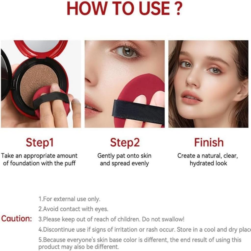 Red cushion foundation Light finish Lasts for 72 hours Buildable coverage Sun transparent makeup Focuses on maintaining coverage texture, semi-matte