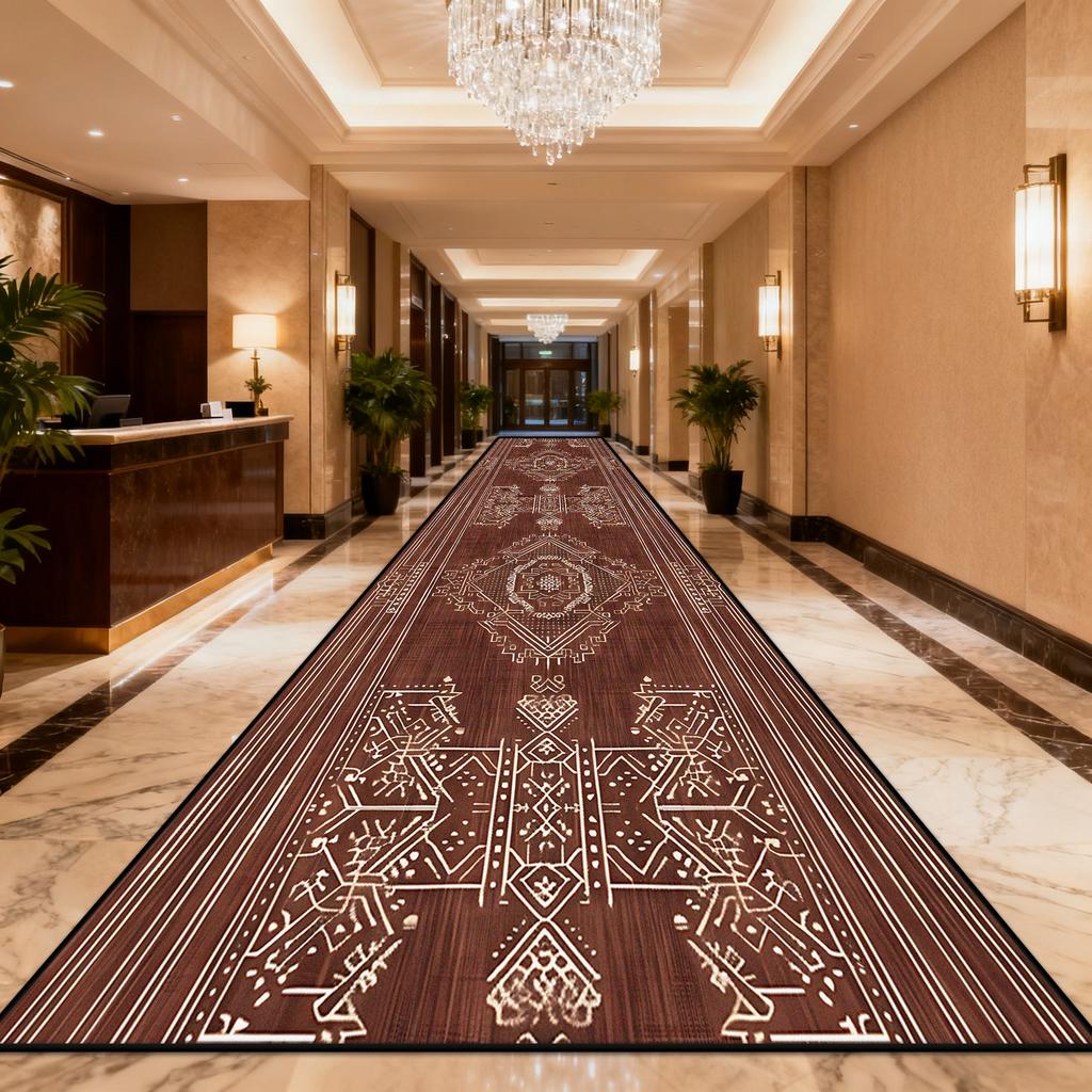 European Retro Brown Lint-free Long Runner Rug Luxury Non-slip Foldable Long Corridor Carpet Easy Clean Soft Passageway Foot Mat
