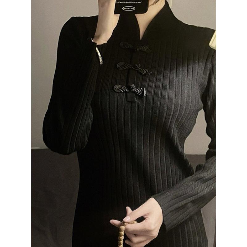 The Daughter of the Republic of China Improved Cheongsam Women's New Long Black Sweater Knitted Dress Women's Autumn and Winter