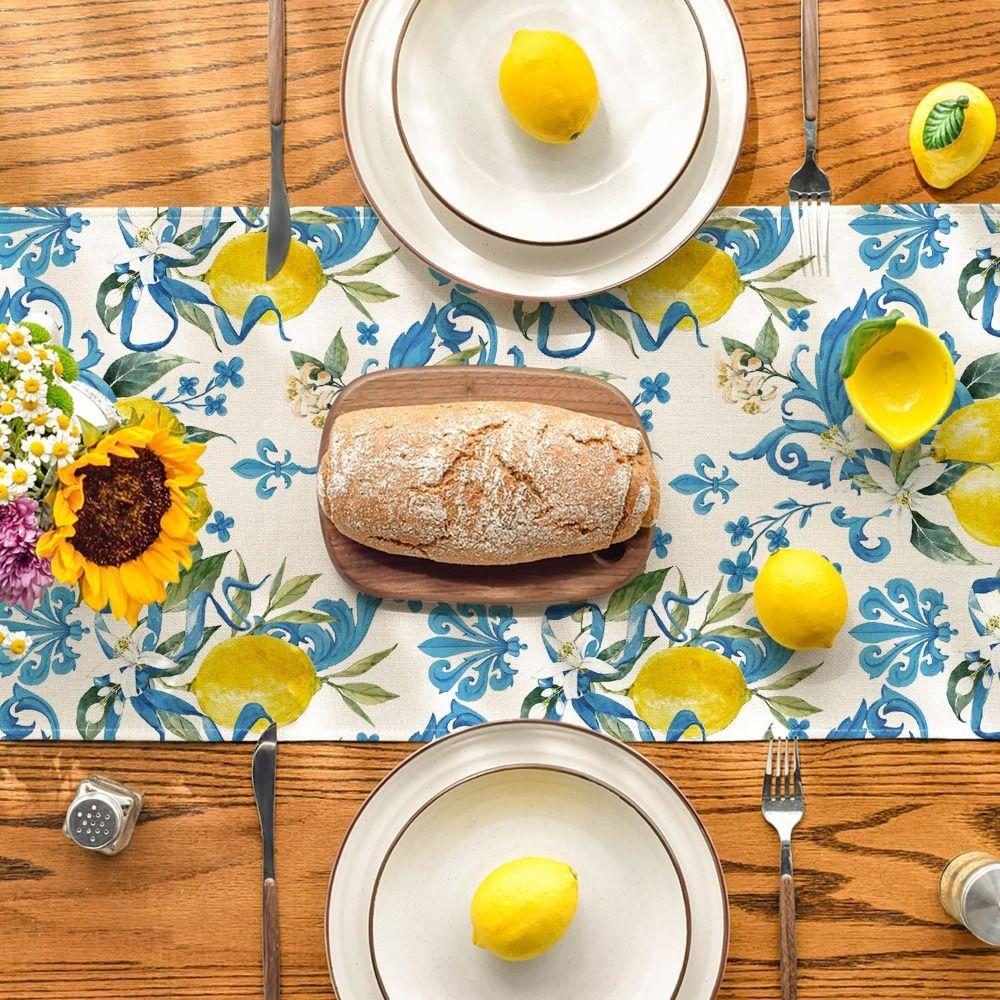 Vintage Blue Lemon Linen Table Runner Purple Hydrangea Tablecloth Table Cover Table Decor