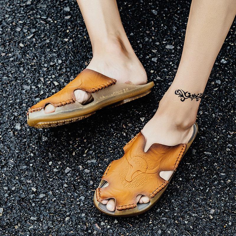 Plus Size Men's Breathable Leather Closed-Toe Sandals - Lightweight One-Strap Casual Beach Shoes