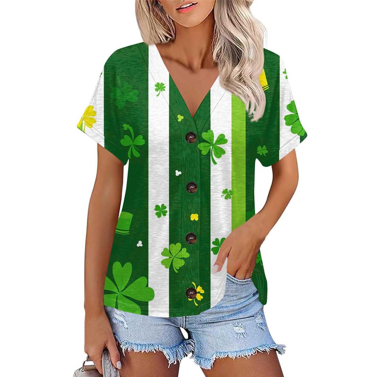 

Жіноча мода Короткий рукав V-подібний виріз St. Патрік Принт Топ Повсякденна Сорочка на Ґудзиках L білий