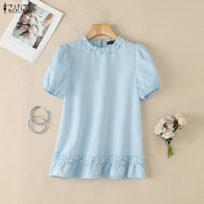 ZANZEA Women Casual Round Neck Solid Color Short Sleeve Blouse
