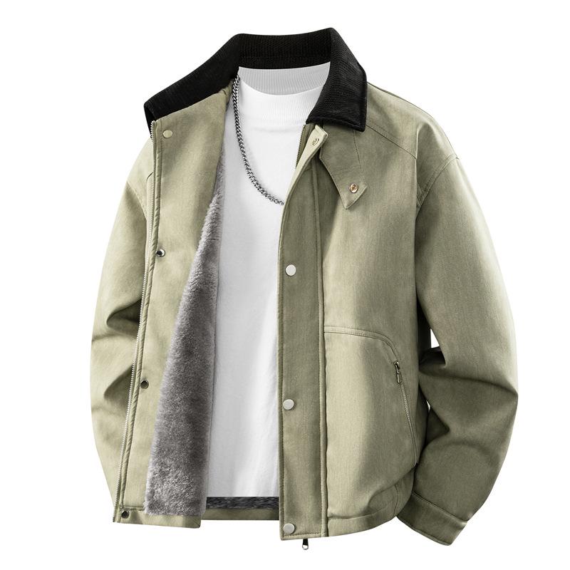 Di Yu Shen Long Men's Trendy Winter Loose Color Block Fleece-Lined Leather Jacket