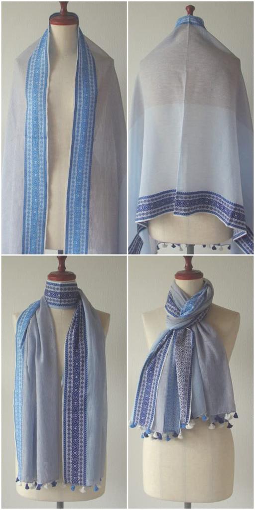 All Over the Pompom Cotton X [.a World] Stole, 100% Cotton, Large, Embroidered, Spring/Summer, Scarf, Women's (Blue Navy)