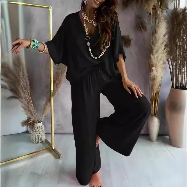 Zomer 2Pc Pakken Vrouwen Mode V-hals Casual Top Blouse + Rechte Broek Sets Elegante Vakantie Losse Set Vrouwelijke
