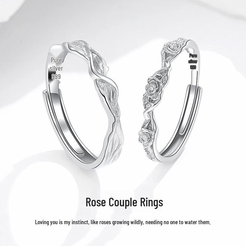 Rose Couple Rings - 999 Sterling Silver Index Finger Rings, Original Design, Pure Silver Gift for Girlfriend