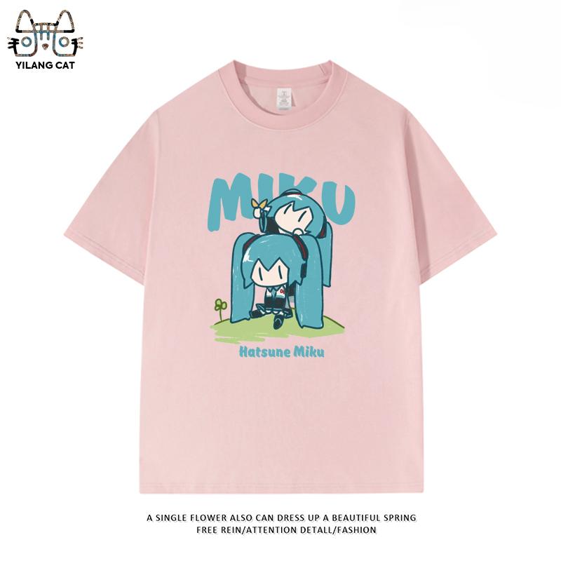 

Футболка с вторичным паттерном Hatsune Miku, летняя, мужская и женская, высококачественная, 100% хлопок, повседневная, в стиле Харадзюку, свободная S