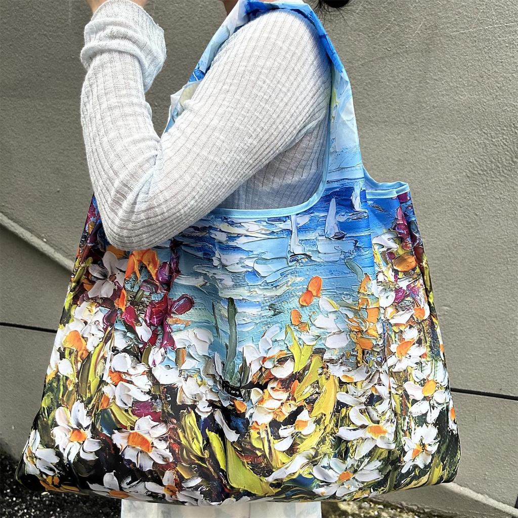 Faltbare quadratische Umhängetasche mit Ölgemälde-Print - Mehrfarbige Einkaufstasche