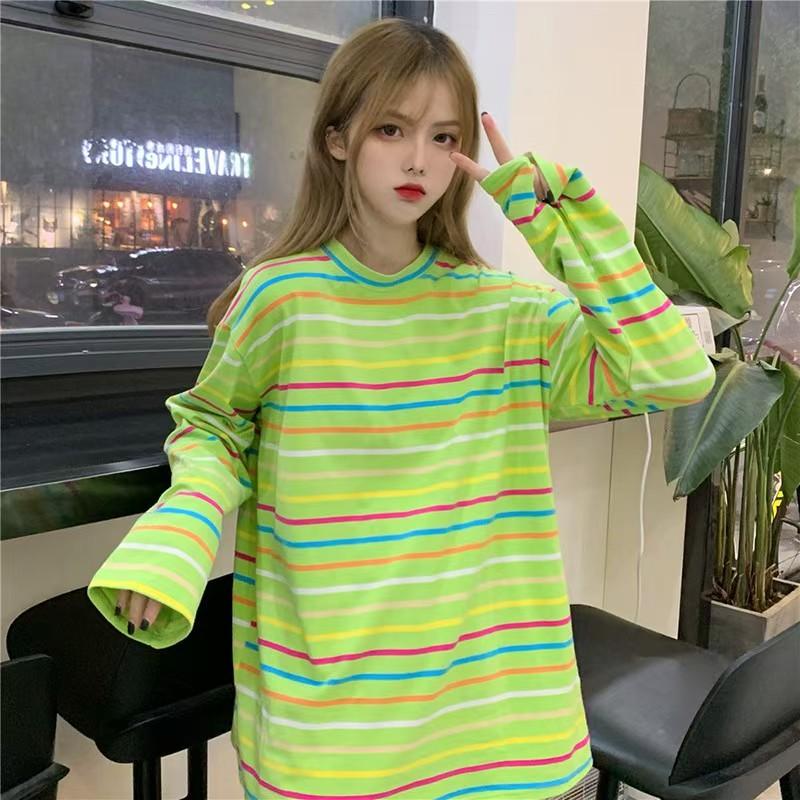 spring autumn korean girl green stripe t shirt Casual oversized Bottoming T-Shirts Women Long Sleeve student tops y2k clothes