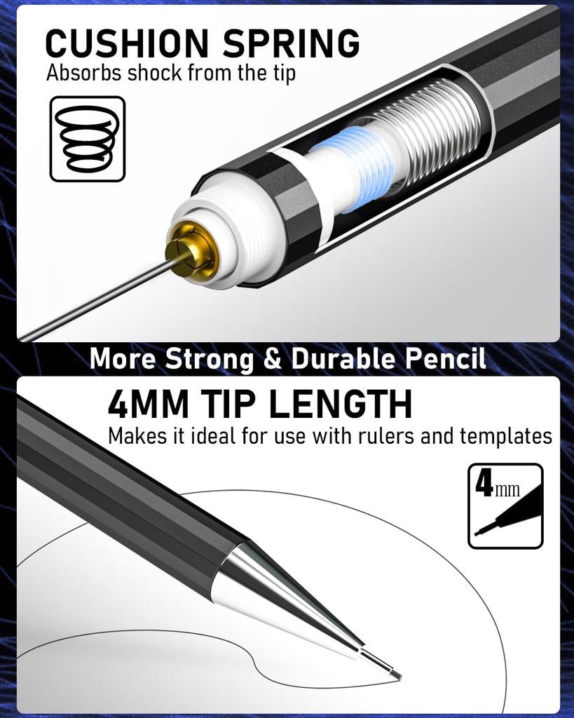 Nicpro Mechanical Black Metal Drafting mm Graphite Lead Holder for and Includes 8 Lead Refills and Eraser Case Pencils, 6-Piece Set, Pencils, 0.3 &