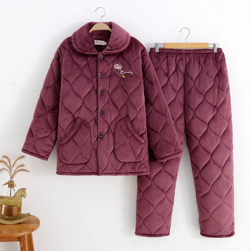 Mother Quilted Pajamas Three-layer Thick Coral Fleece Home Service Women's Plus Size Pajamas Set