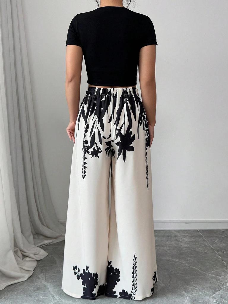 2025 Summer Women's Ink Print Mid-Waist Wide-Leg Straight Pants