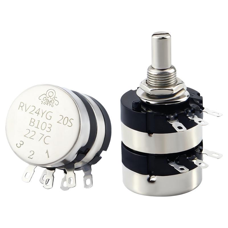 Dual-Gang Carbon Film Potentiometer: RV24YG20S, Variable Frequency Speed Control with B102/202/502 Knob Scale, Available In 5K/20K Ohm.
