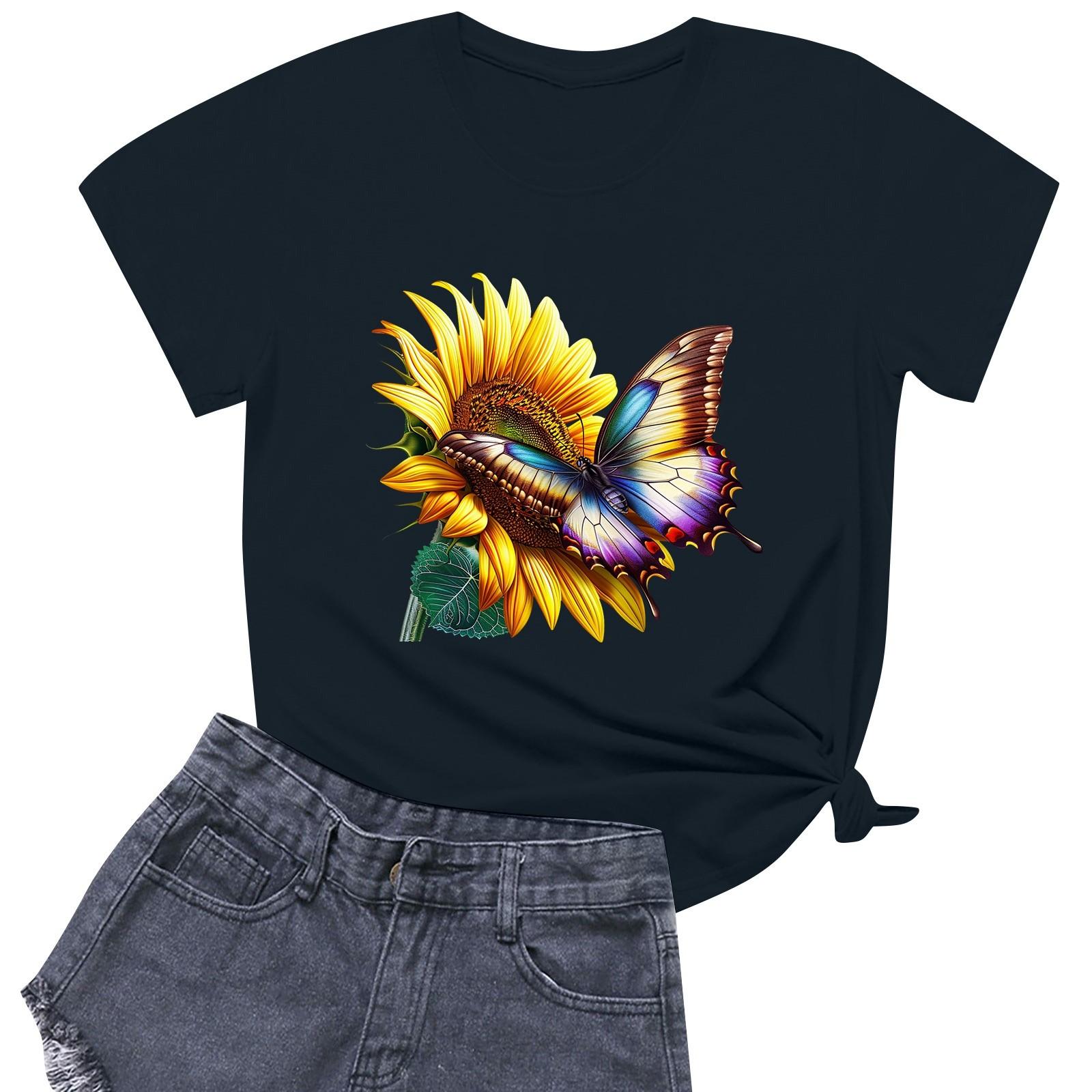 

Women s Fashion Printed Round Neck Short Sleeved Casual T-shirt Top M Темно-синій