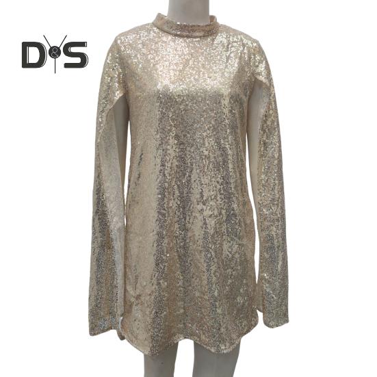 Lady Sequin Dress Stand Collar Sleeveless Slit Design Shimmering Cocktail Party Dress Women Formal Occasion Mini Dress Celebrity Evening Dress