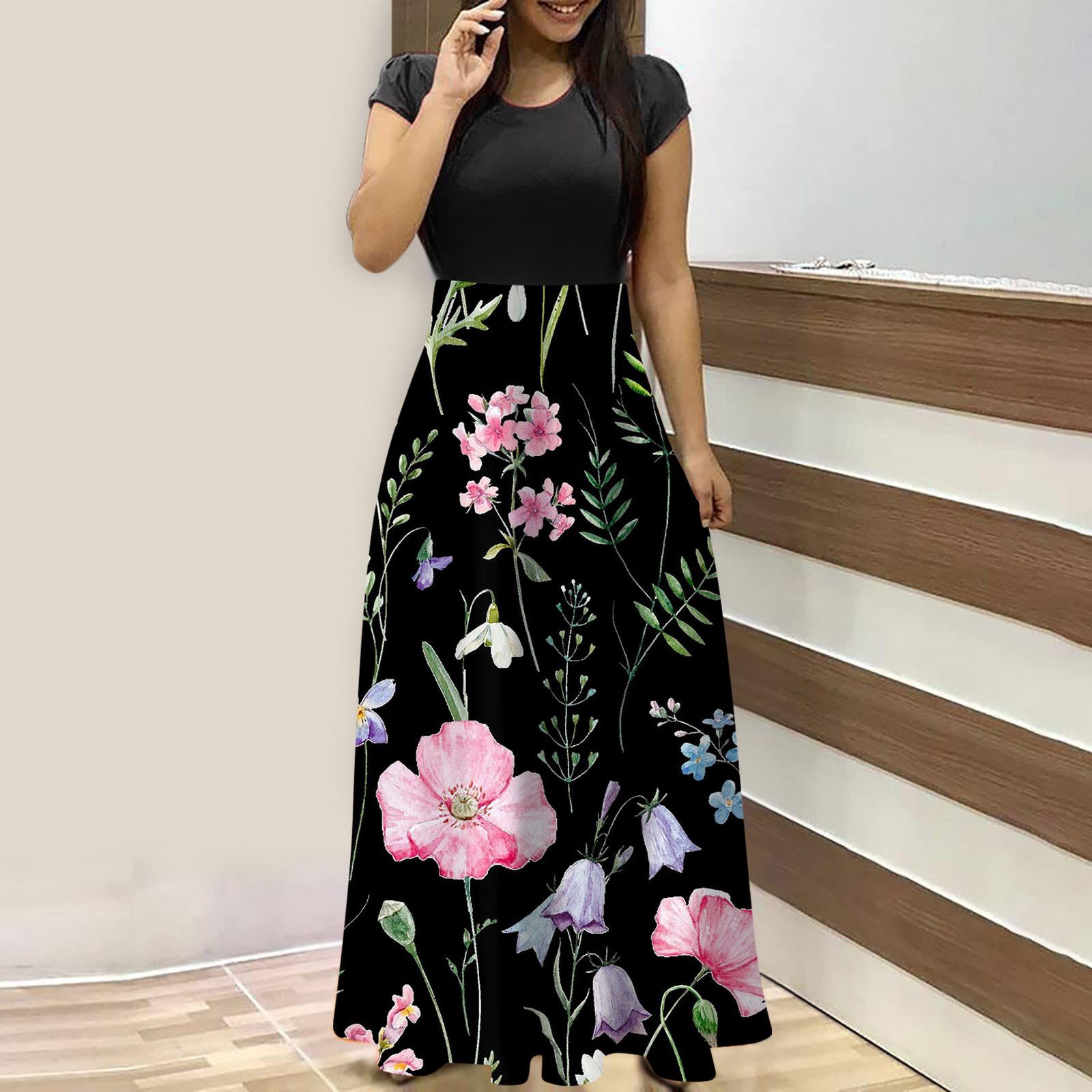 

Жіночі модні повсякденні вільні довгі сукні з круглим вирізом і короткими рукавами XL чорний