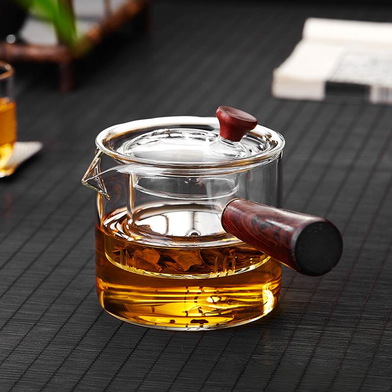 CMGF-Tea Kettle, Side Handle Glass Tea Kettle, Thickened High Temperature Resistant Tea Cooker Tea Kettle with Wooden Handle
