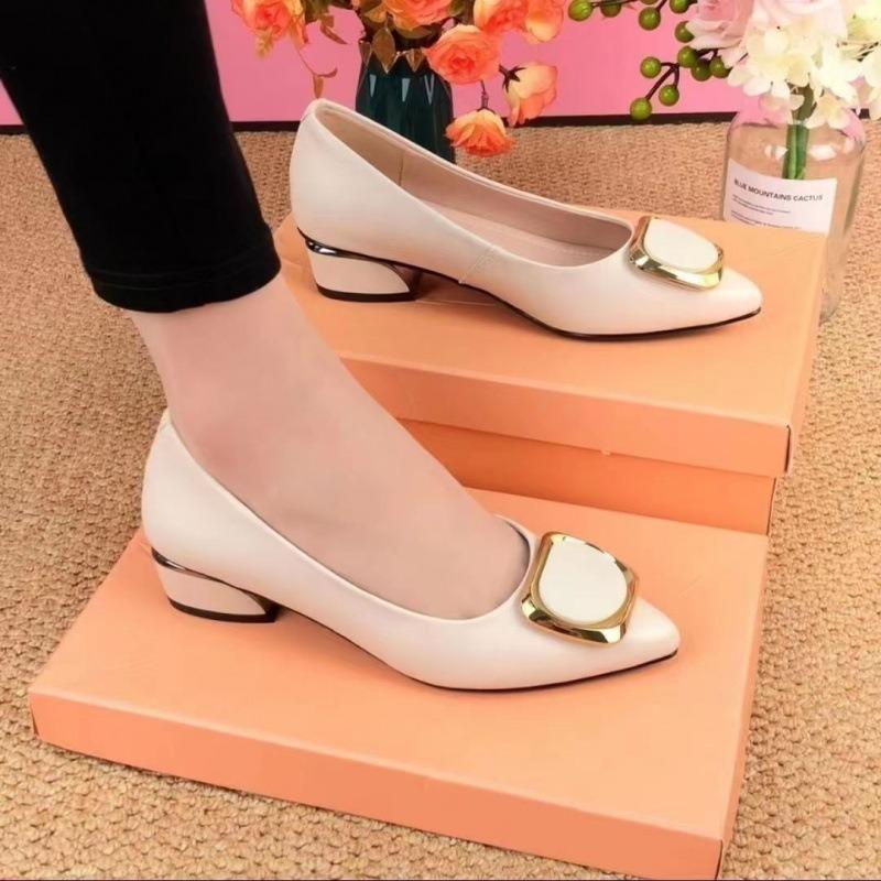 Pantofi single cu toc gros și gură joasă pantofi de damă primăvară cataramă metalică talpă moale pantofi din piele cu vârf pantofi pentru mamă talpă moale confortabili