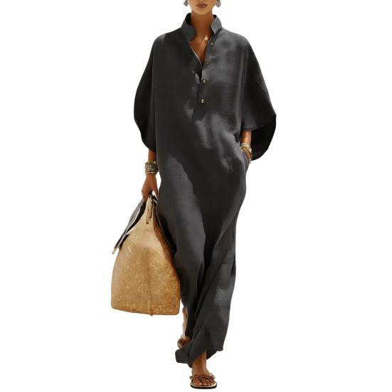 

Summer Stand Collar Maxi Dress for Women Half Sleeve Button Up V Neck Long Dress Loose Flowy Beach Sundress with Pockets XXXL