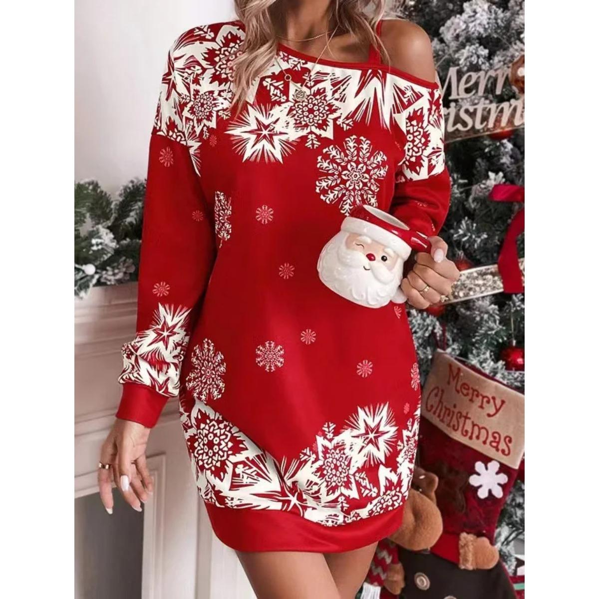 

LYRIA New Christmas Snowflake Print Off Shoulder Dress Women Fashion Winter Long Sleeve Loose Party Mini Dresses for Women S
