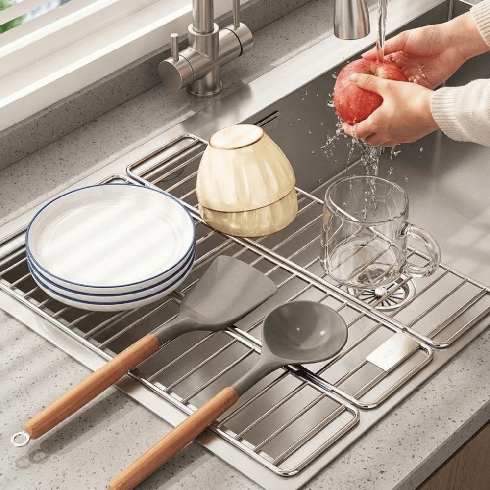 Adjustable Sink Dish Drying Rack Rust‑Resistant Over Sink Drain Mat for Kitchen