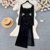 Elegant Square Neck Velvet Split Dress Women Solid Long Sleeve Chic Vintage Clothes Female Korean Fashion Ceremonial Midi Dresses 2024
