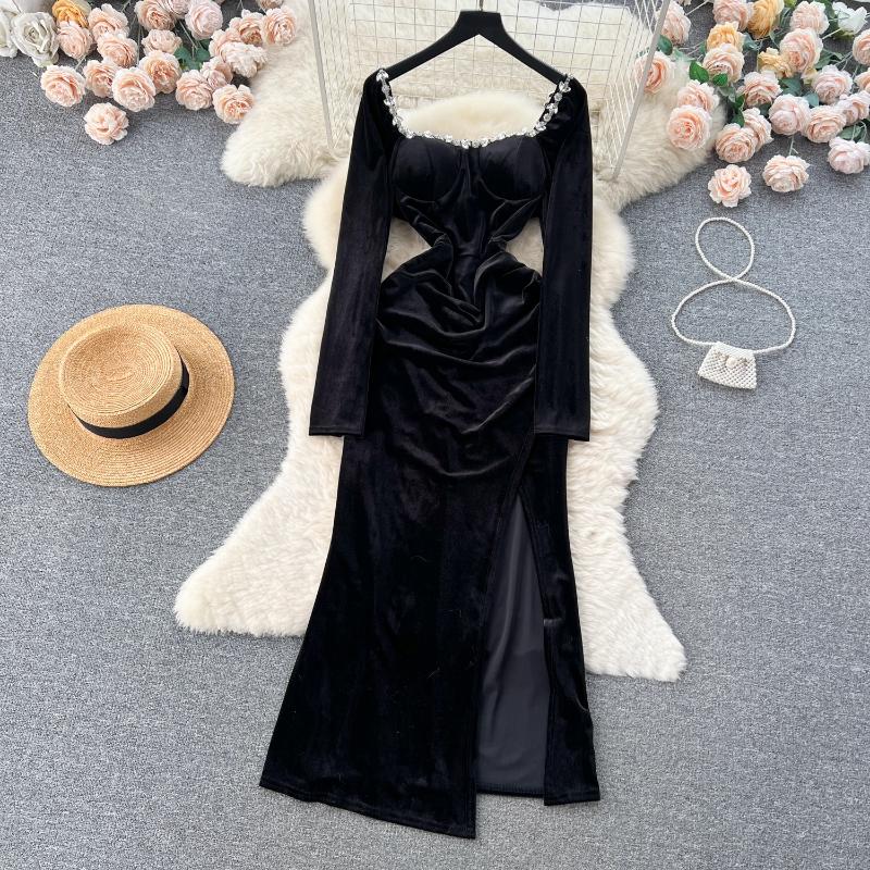 Elegant Square Neck Velvet Split Dress Women Solid Long Sleeve Chic Vintage Clothes Female Korean Fashion Ceremonial Midi Dresses 2024