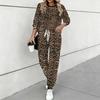 Women Leopard Print Two Piece Outfit, Long Sleeve Crew Neck Top & Drawstring Jogger Pants Casual Tracksuit for Spring Autumn