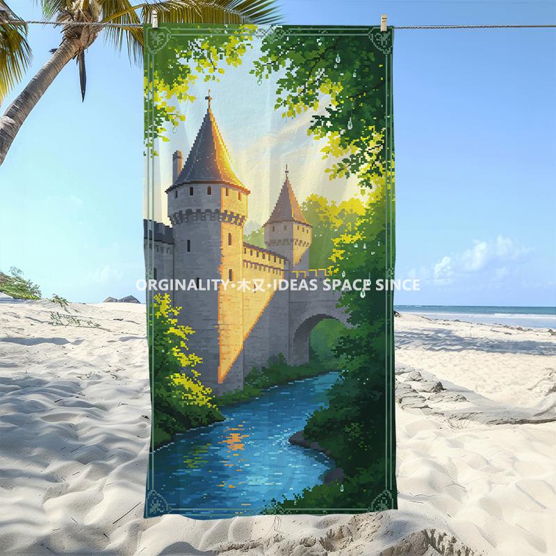 Pixel Art Fairy Castle Beach Towel Patterned Sunscreen And Windproof Suitable For Swimming Pool Camping Travel Blanket