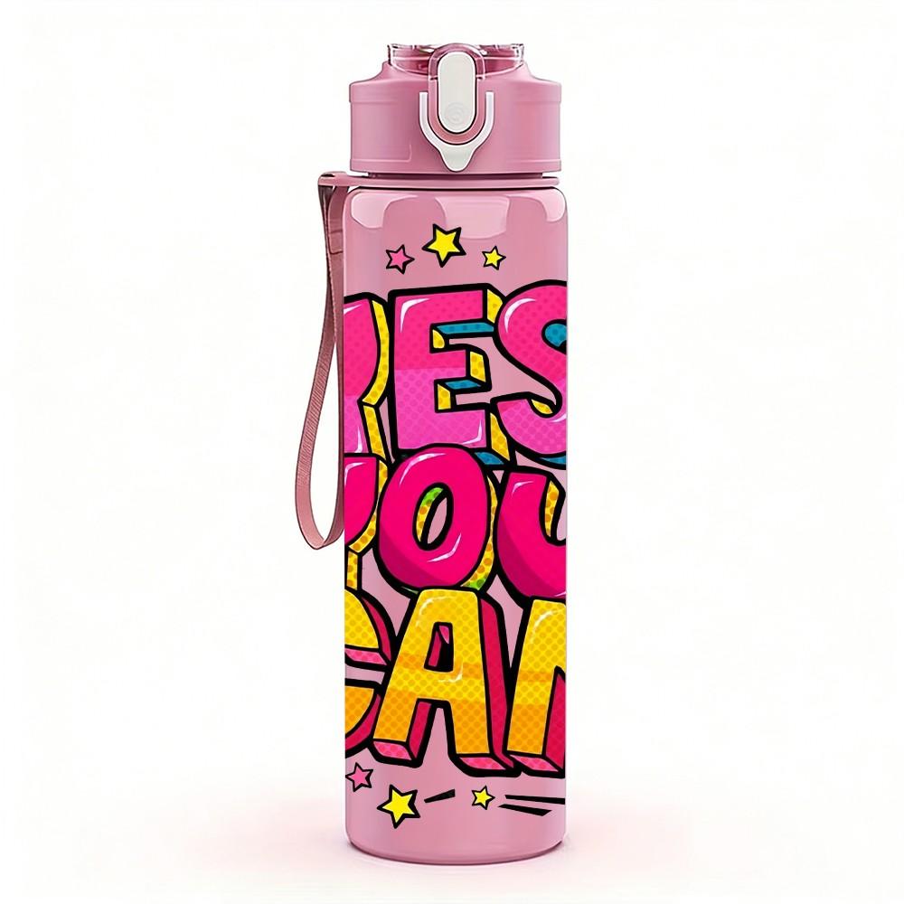 1PC Yes You Can Bright Pop Slogan Lettering 750ml Color Plastic Sports Water Bottle Leakproof Flip Straw Lid Suitable for Sports Office Home Use