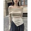 Autumn Winter One Word Collar Slit Irregular Sweater Women Long Sleeve Off the Shoulder Knitting Bottomed Top