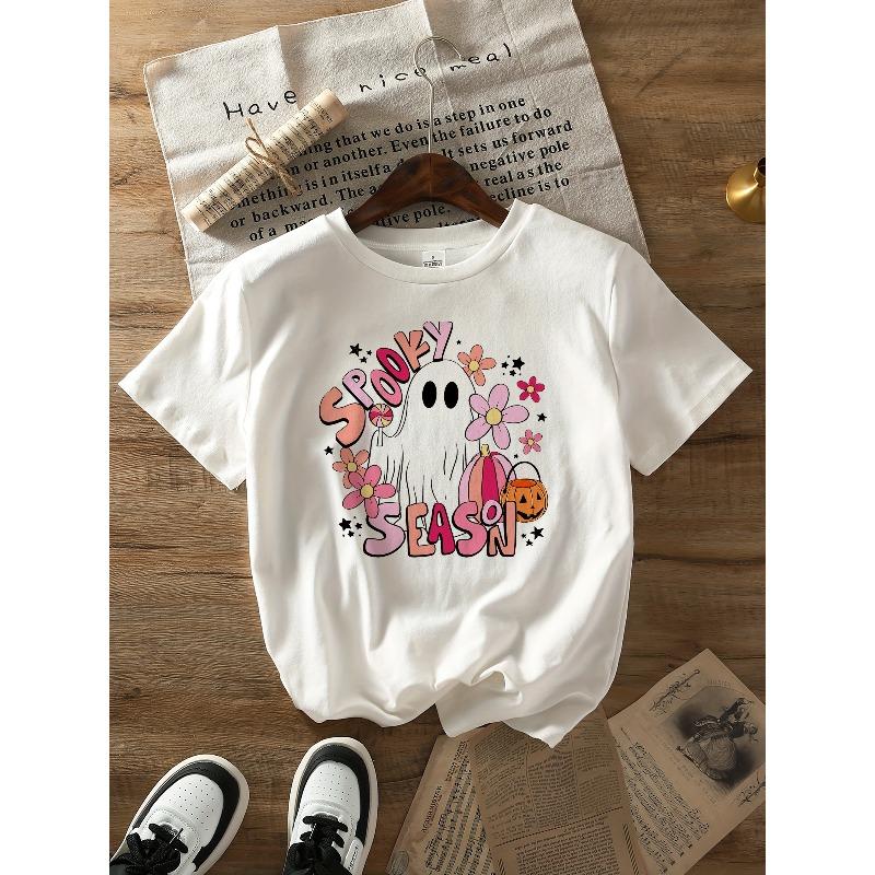 Europäische Größe Cartoon Buchstaben Kürbis Geist Blume Grafikdruck Rundhalsausschnitt Halloween T-Shirt Lässiges Sportshirt Neue Damen Festival Kleidung