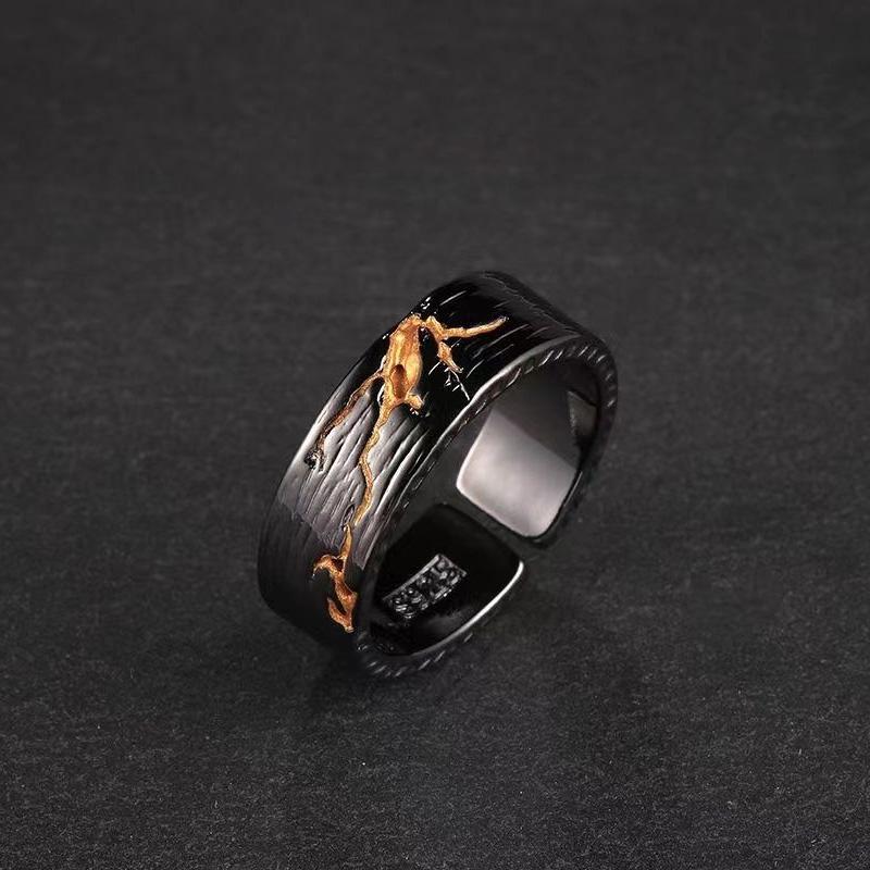 Personlity Adjustable Ring Male Copper Jewelry Opening Size Popular Gold Black Collision Lava Ring For Men Anniversaty Gift