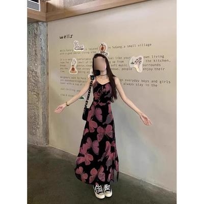 Vintage Butterfly Print Dress Women's Spring and Summer Girl Style Slip Skirt with a Variety of Temperament