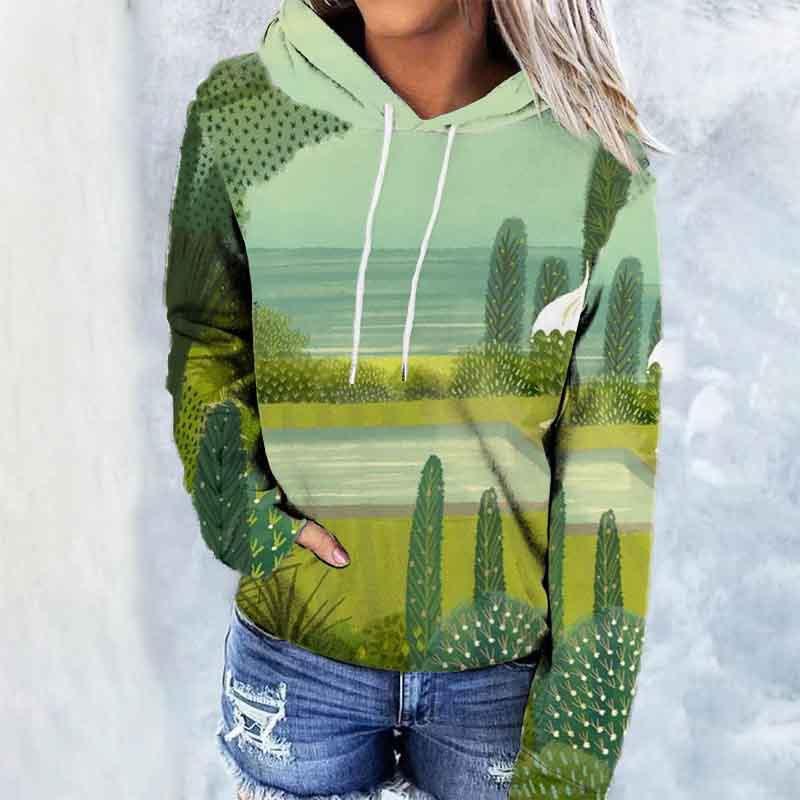 Vintage Printed Hooded Sweatshirt Sportwear Coat for Women 3D Pocket Hoodies Autumn Women's Pullovers