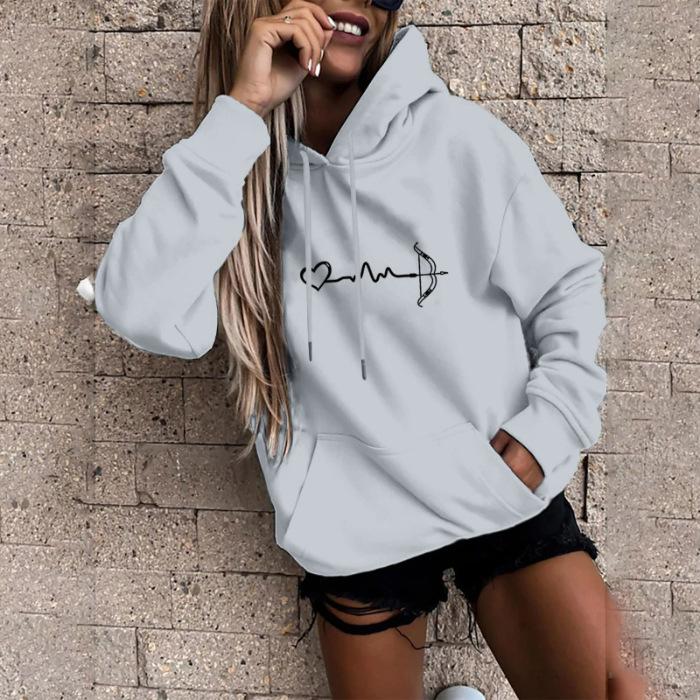 Korean Style Velvet EKG Print Casual Hoodie, Unisex Long Sleeve Pullover for Autumn/Winter
