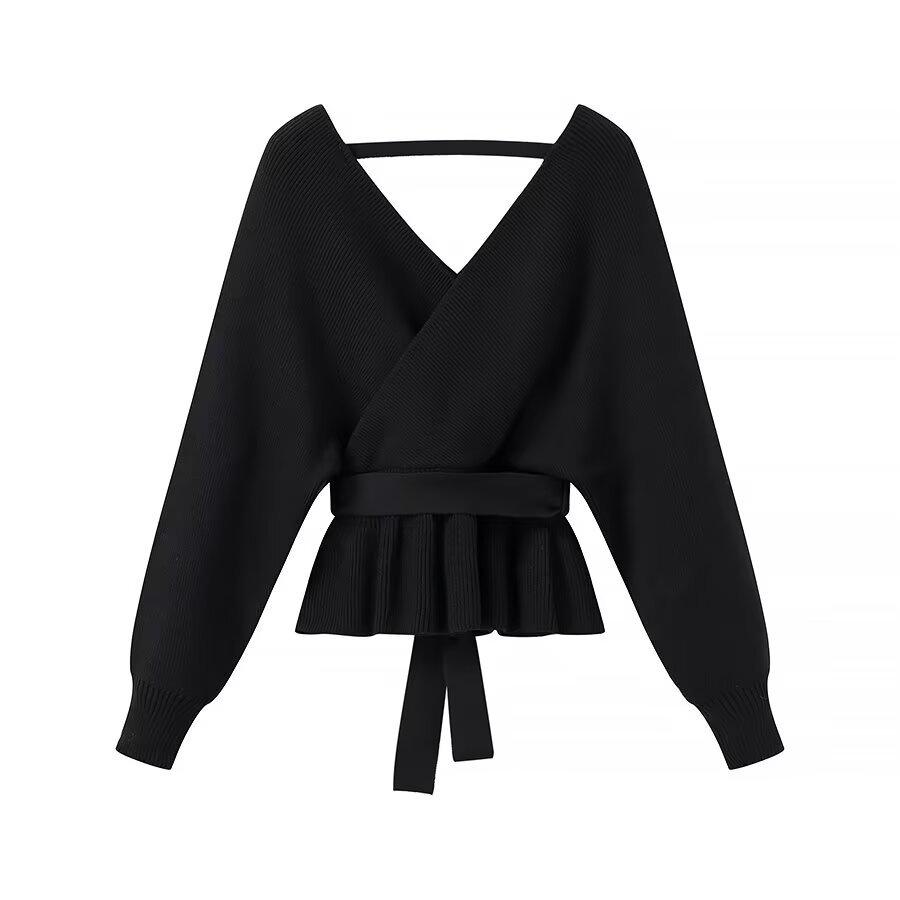 

Классический европейский и американский стиль V-образный вырез однотонный свитер с перекрестной шнуровкой для женщин One Size чёрный