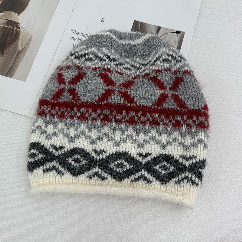 Fair Island Vintage Jacquard Drawstring Knitted Ear Cap Children's Winter Cute Warm Wool Plush Baotou Hat