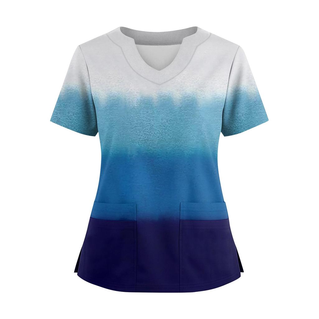 Women's Loose Short Sleeved Fashionable Stripes And Gradients Printing V-neck Buttonable Side Slit Top T-shirt