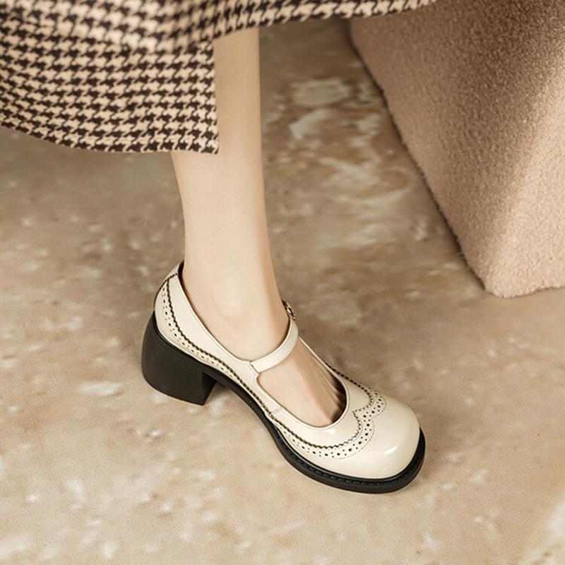 Fashion NEW Spring Women Pumps Genuine Leather Shoes for Women Round Toe Chunky Heel Shoes Retro Mary Janes Carving College Girl Shoes