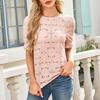 Women Tops Round Neck Puff Short Sleeve Hollow Lace Pullover Tops Solid Color Loose Fit Summer T-shirt