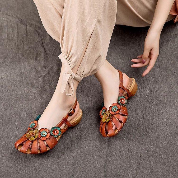 2025 summer new leather sandals women's low-heeled baotou flowers ethnic style comfortable versatile sandals casual wear