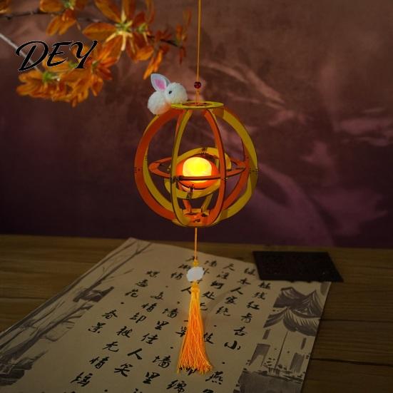 LED Candle Lantern Toy DIY Kit for Mid-Autumn Festival, Hollow Wooden Rotating Ring Making Set with Rabbit, Handmade Tassels