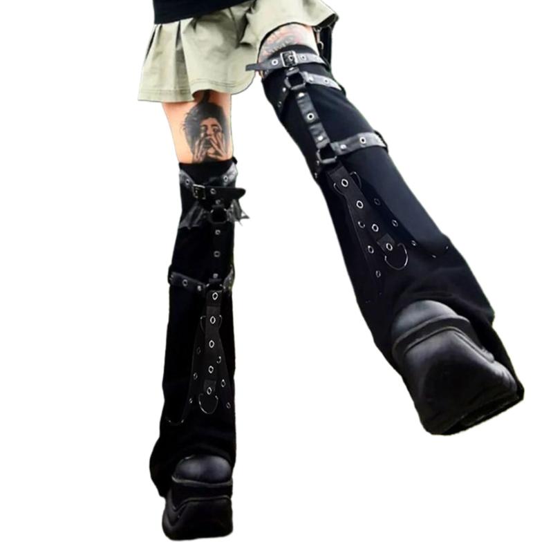 Women Punk Harness Eyelets Straps Flared Leg Warmer Japanese Style Buckled Thigh High Leg Cover Long Sock Stockings
