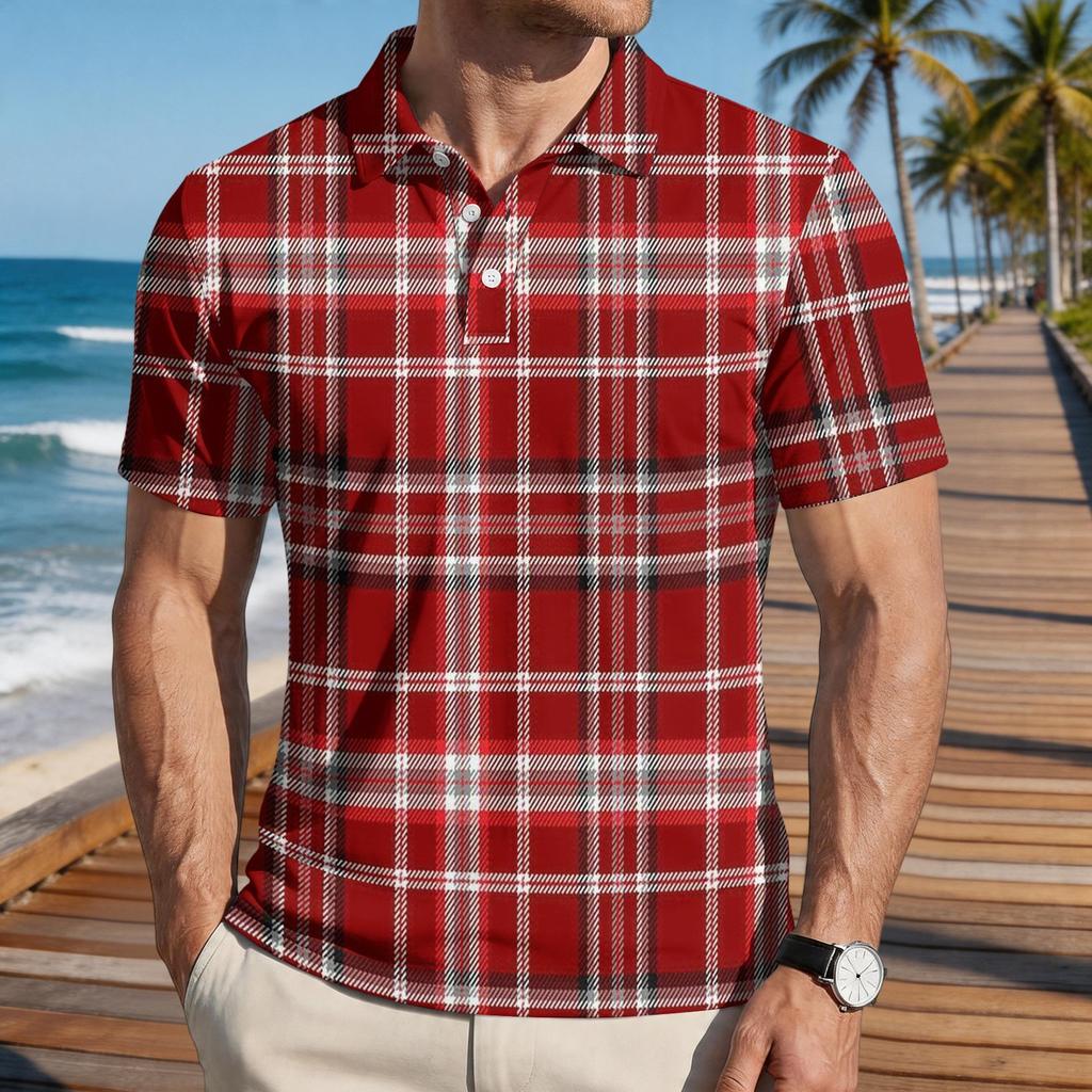 Men’s Loose Fit Casual Plaid Print Short Sleeve Polo Shirt with Turn Down Collar for Everyday Wear