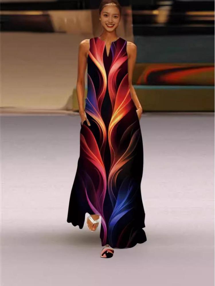 Sexy Sleeveless V Neck Printed Long Dress Women Summer European American Style